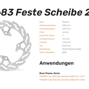 Mega-Angebot Moto-Master Bremsscheibe Rear Flame 255 rechts passend für Triumph Tiger 800; Bj. 2011-2020 - 110683